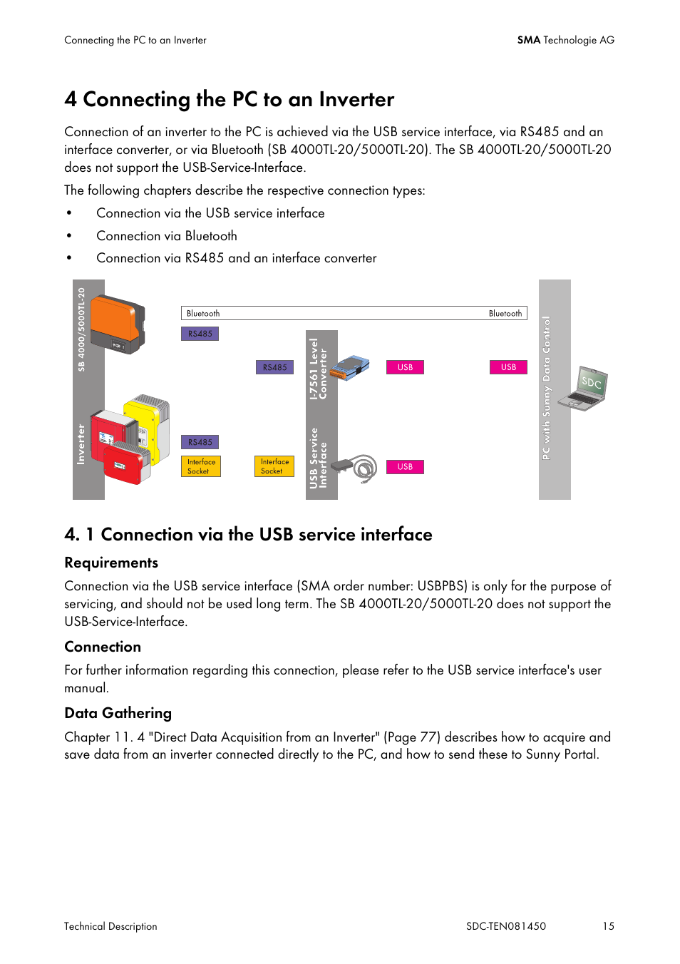 4 connecting the pc to an inverter, 1 connection via the usb service interface, Connecting the pc to an inverter | Connection via the usb service interface | SMA Sunny Data Control V.5.0 User Manual | Page 13 / 156