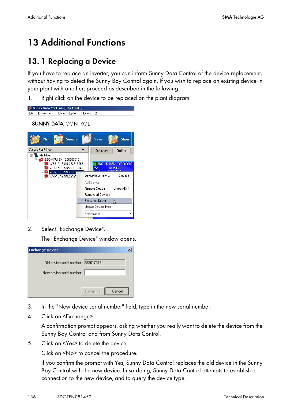 13 additional functions, 1 replacing a device, Additional functions | Replacing a device | SMA Sunny Data Control V.5.0 User Manual | Page 134 / 156