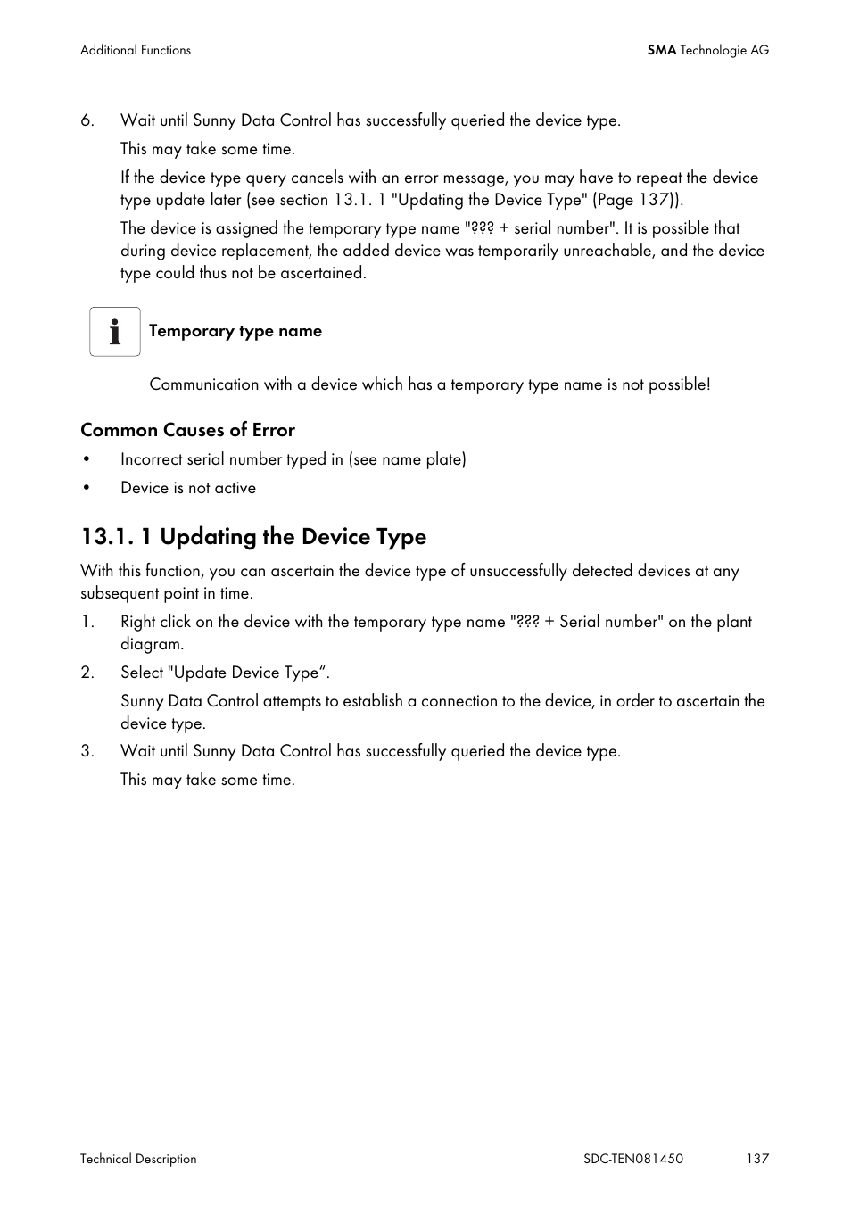 1 updating the device type, Updating the device type | SMA Sunny Data Control V.5.0 User Manual | Page 135 / 156