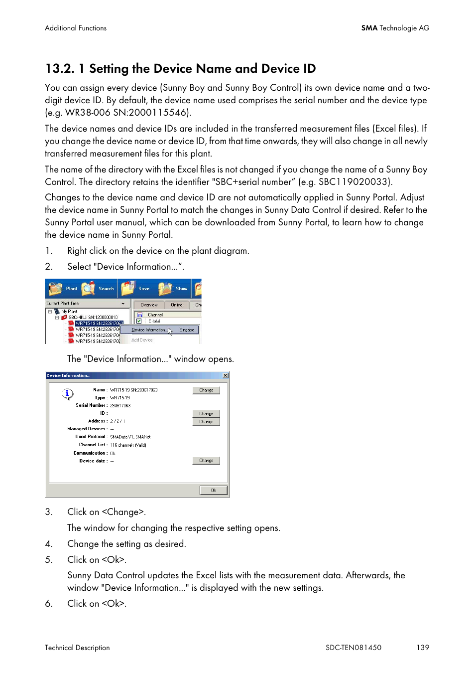 1 setting the device name and device id, Setting the device name and device id | SMA Sunny Data Control V.5.0 User Manual | Page 137 / 156