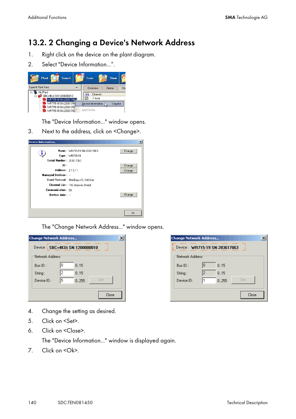 2 changing a device's network address, Changing a device's network address | SMA Sunny Data Control V.5.0 User Manual | Page 138 / 156