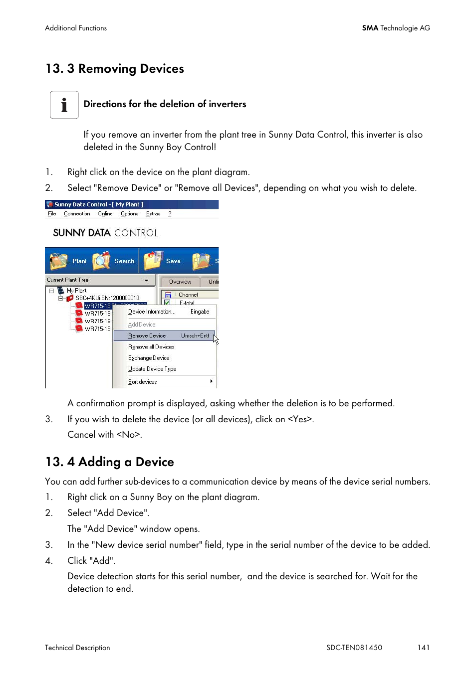 3 removing devices, 4 adding a device, Removing devices | Adding a device | SMA Sunny Data Control V.5.0 User Manual | Page 139 / 156