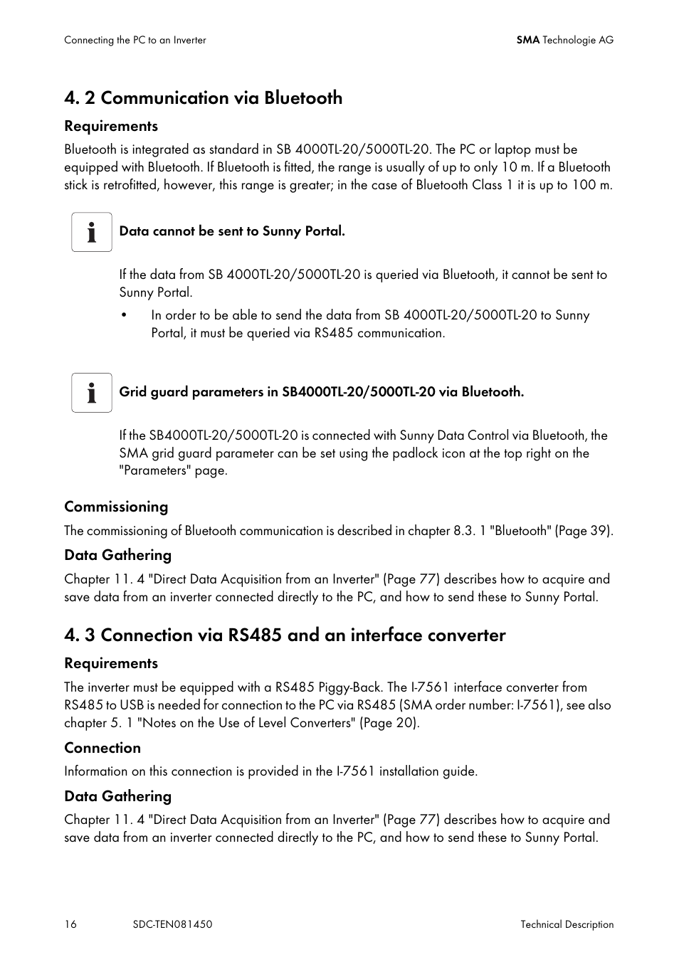 2 communication via bluetooth, 3 connection via rs485 and an interface converter, Communication via bluetooth | Connection via rs485 and an interface converter | SMA Sunny Data Control V.5.0 User Manual | Page 14 / 156