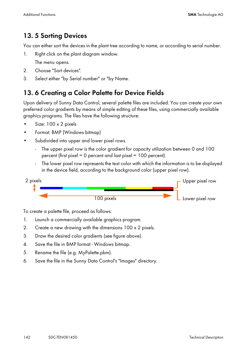 5 sorting devices, 6 creating a color palette for device fields, Sorting devices | Creating a color palette for device fields | SMA Sunny Data Control V.5.0 User Manual | Page 140 / 156