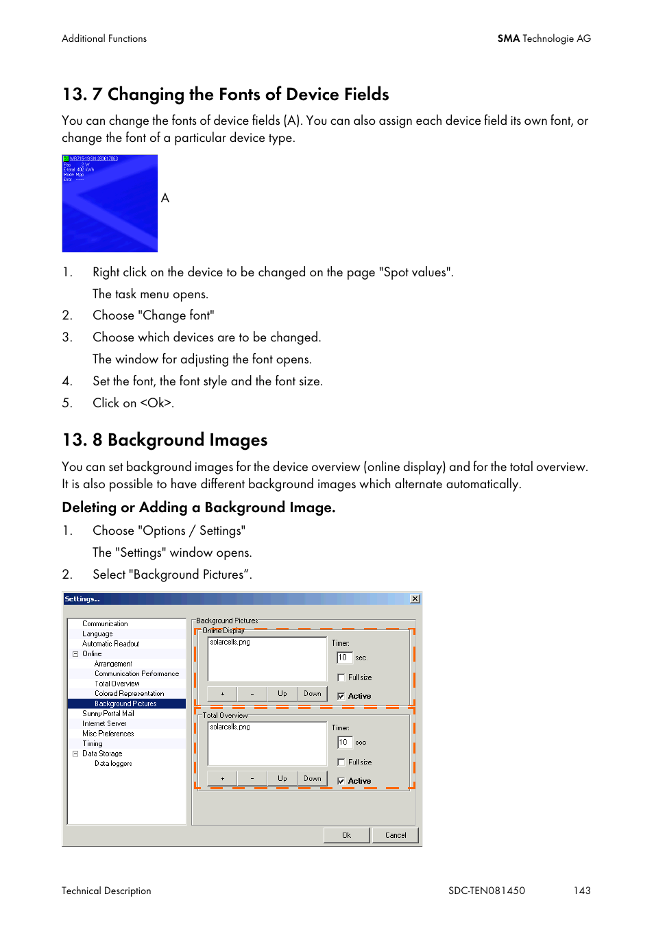 7 changing the fonts of device fields, 8 background images, Changing the fonts of device fields | Background images | SMA Sunny Data Control V.5.0 User Manual | Page 141 / 156