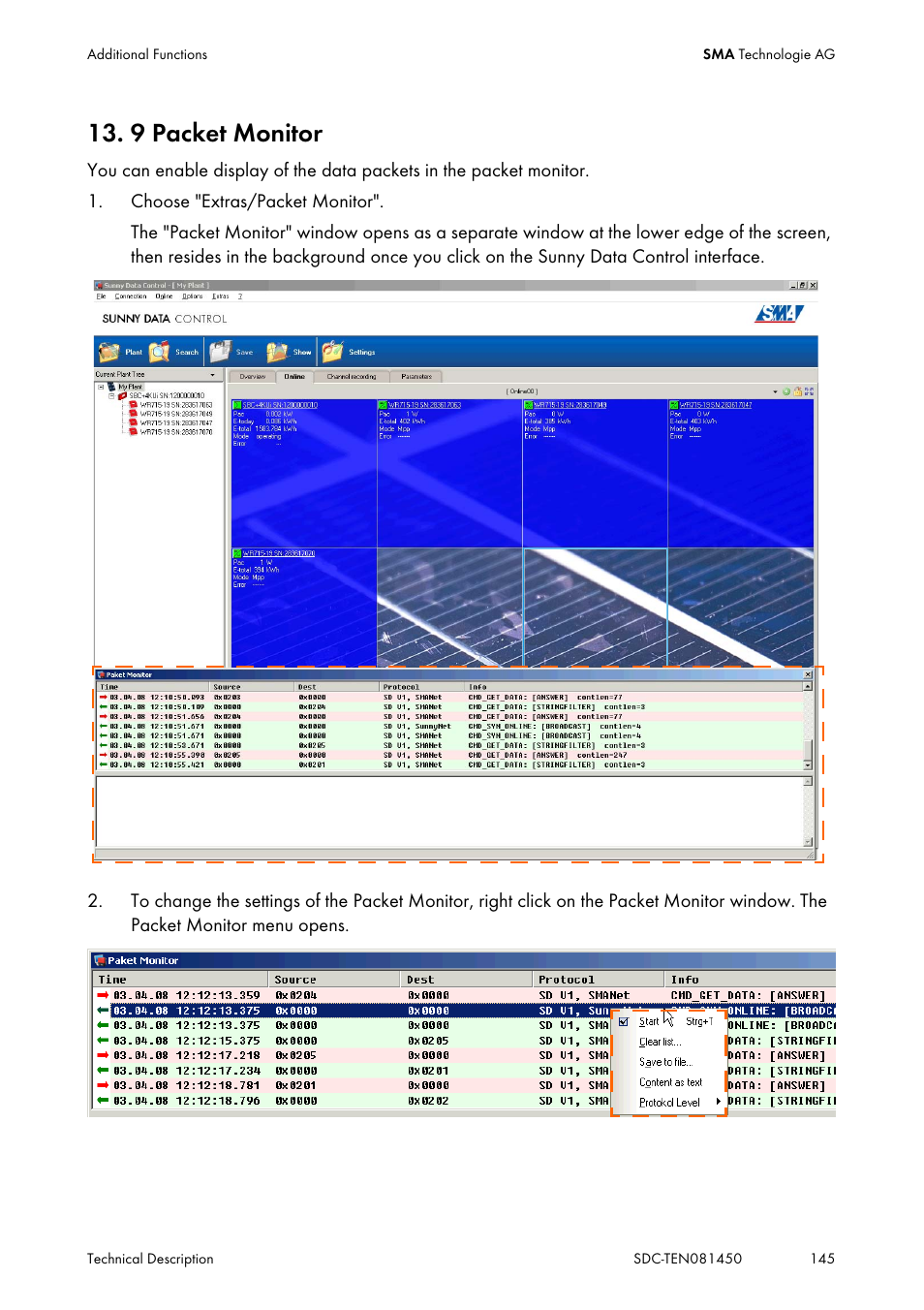 9 packet monitor, Packet monitor | SMA Sunny Data Control V.5.0 User Manual | Page 143 / 156