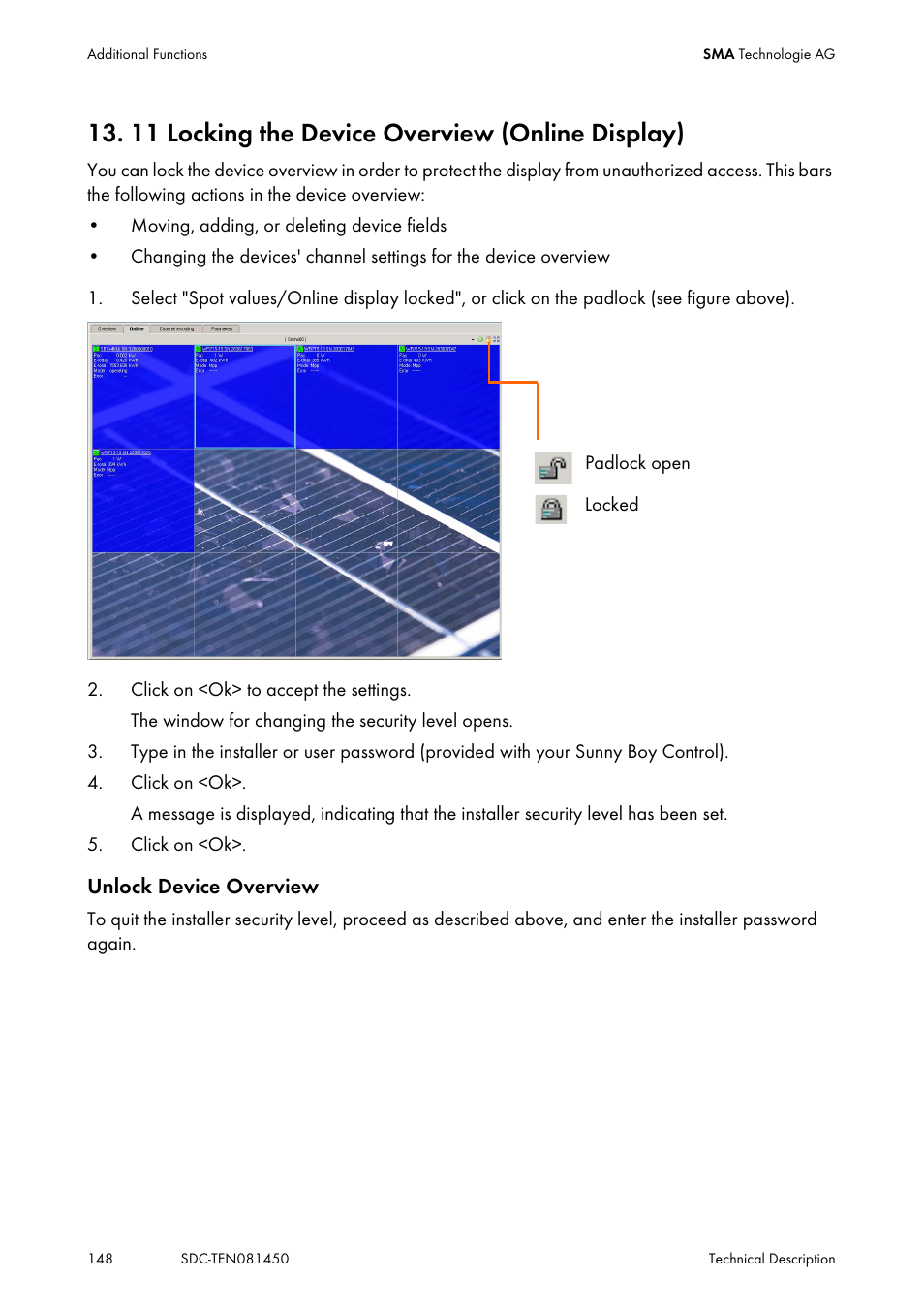 11 locking the device overview (online display) | SMA Sunny Data Control V.5.0 User Manual | Page 146 / 156
