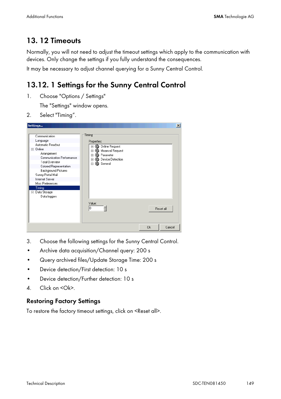 12 timeouts, 1 settings for the sunny central control | SMA Sunny Data Control V.5.0 User Manual | Page 147 / 156