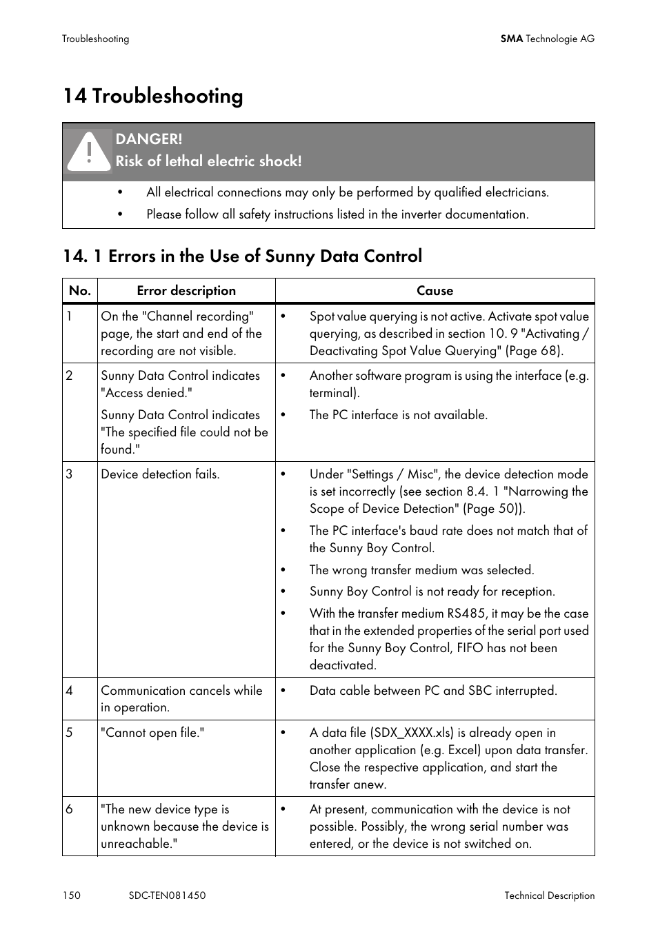 14 troubleshooting, 1 errors in the use of sunny data control, Troubleshooting | Errors in the use of sunny data control | SMA Sunny Data Control V.5.0 User Manual | Page 148 / 156
