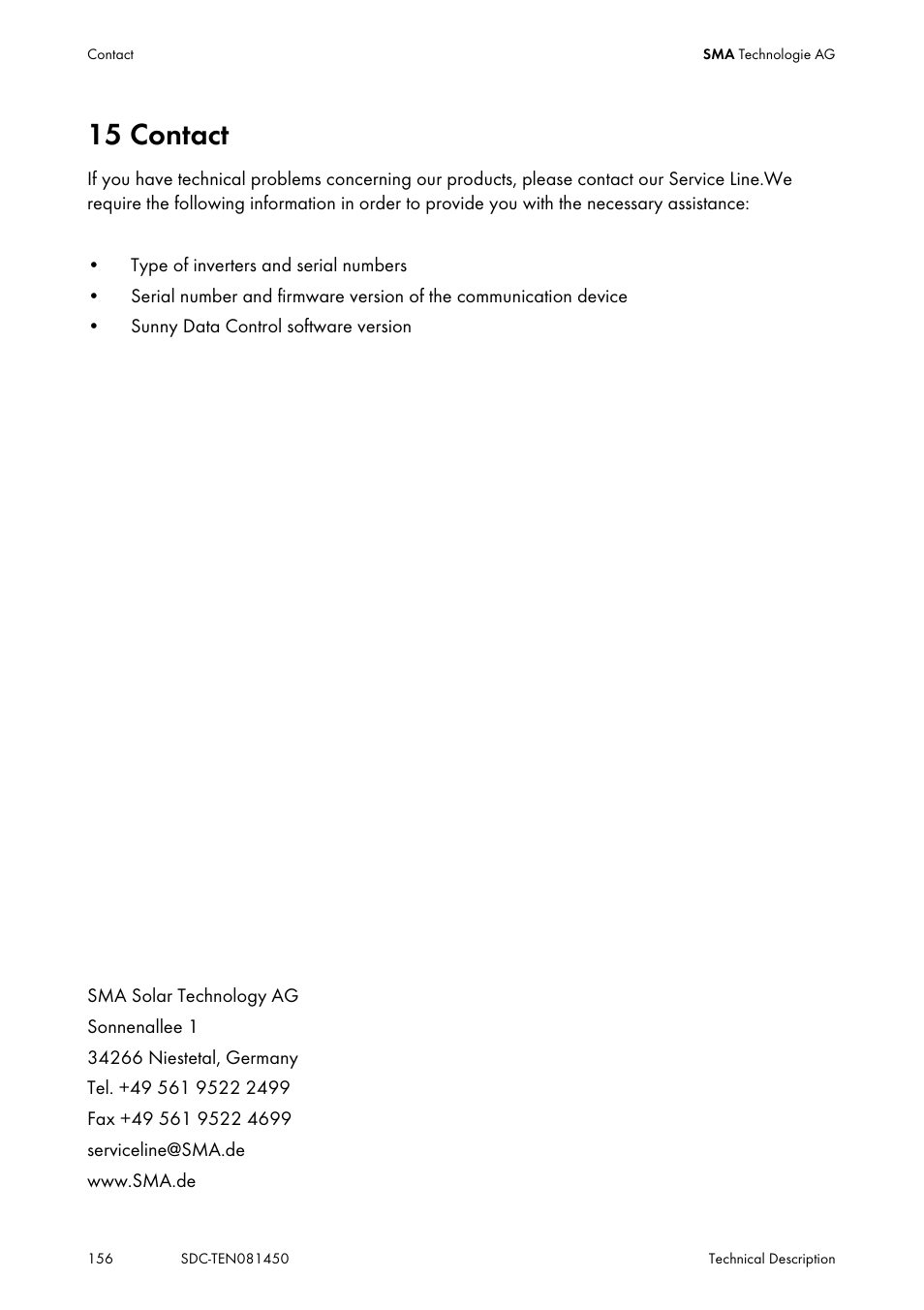 15 contact, Contact | SMA Sunny Data Control V.5.0 User Manual | Page 154 / 156