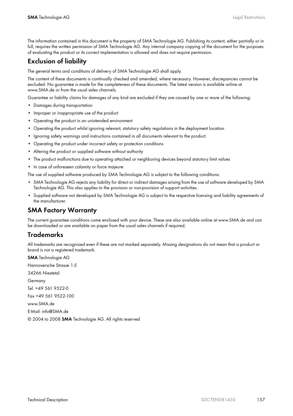 Exclusion of liability, Sma factory warranty, Trademarks | SMA Sunny Data Control V.5.0 User Manual | Page 155 / 156