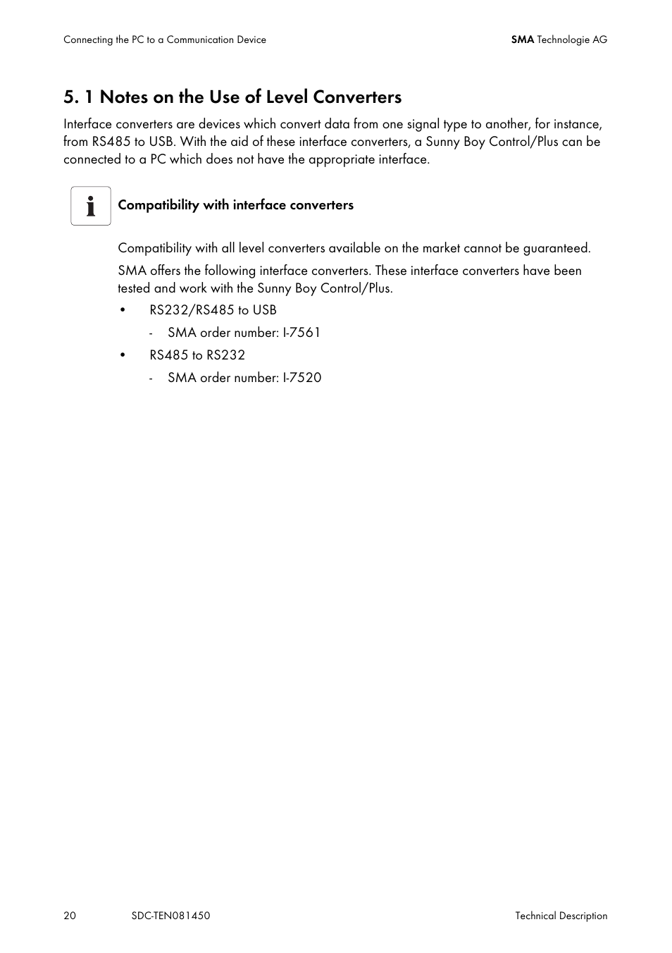 1 notes on the use of level converters, Notes on the use of level converters | SMA Sunny Data Control V.5.0 User Manual | Page 18 / 156