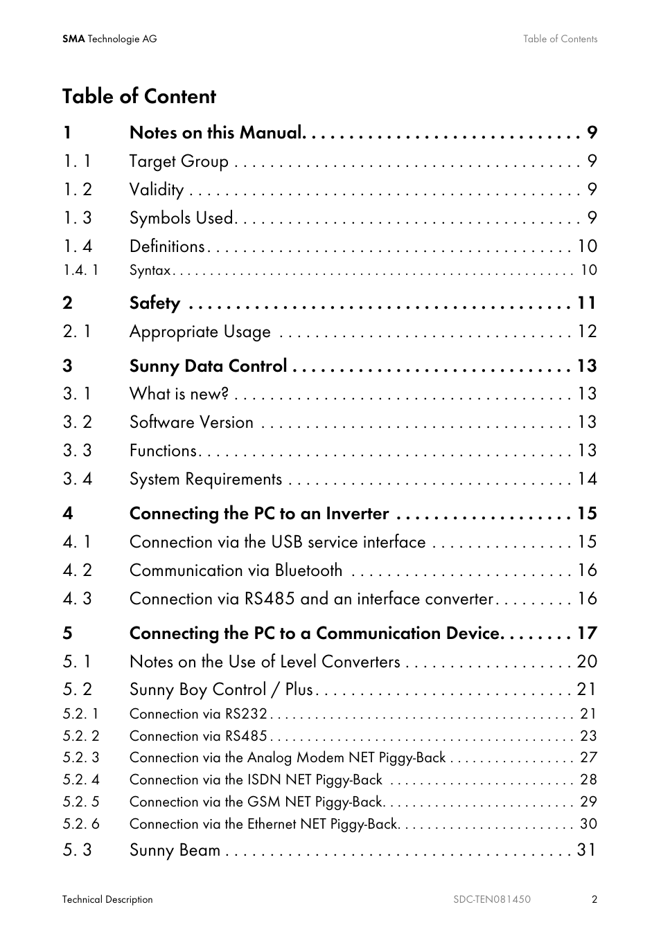 Table of content | SMA Sunny Data Control V.5.0 User Manual | Page 2 / 156