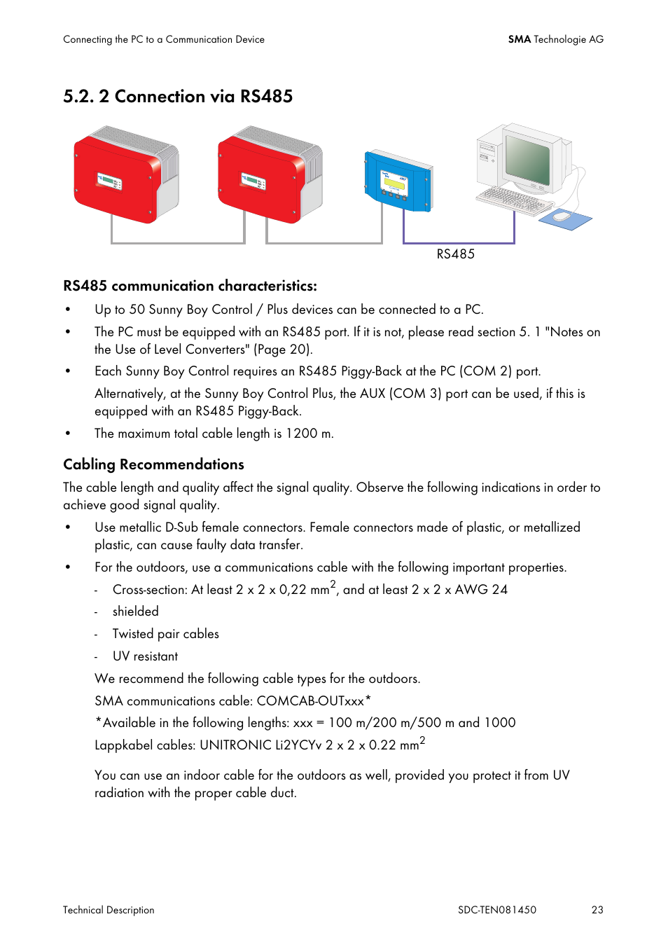 2 connection via rs485, Connection via rs485 | SMA Sunny Data Control V.5.0 User Manual | Page 21 / 156