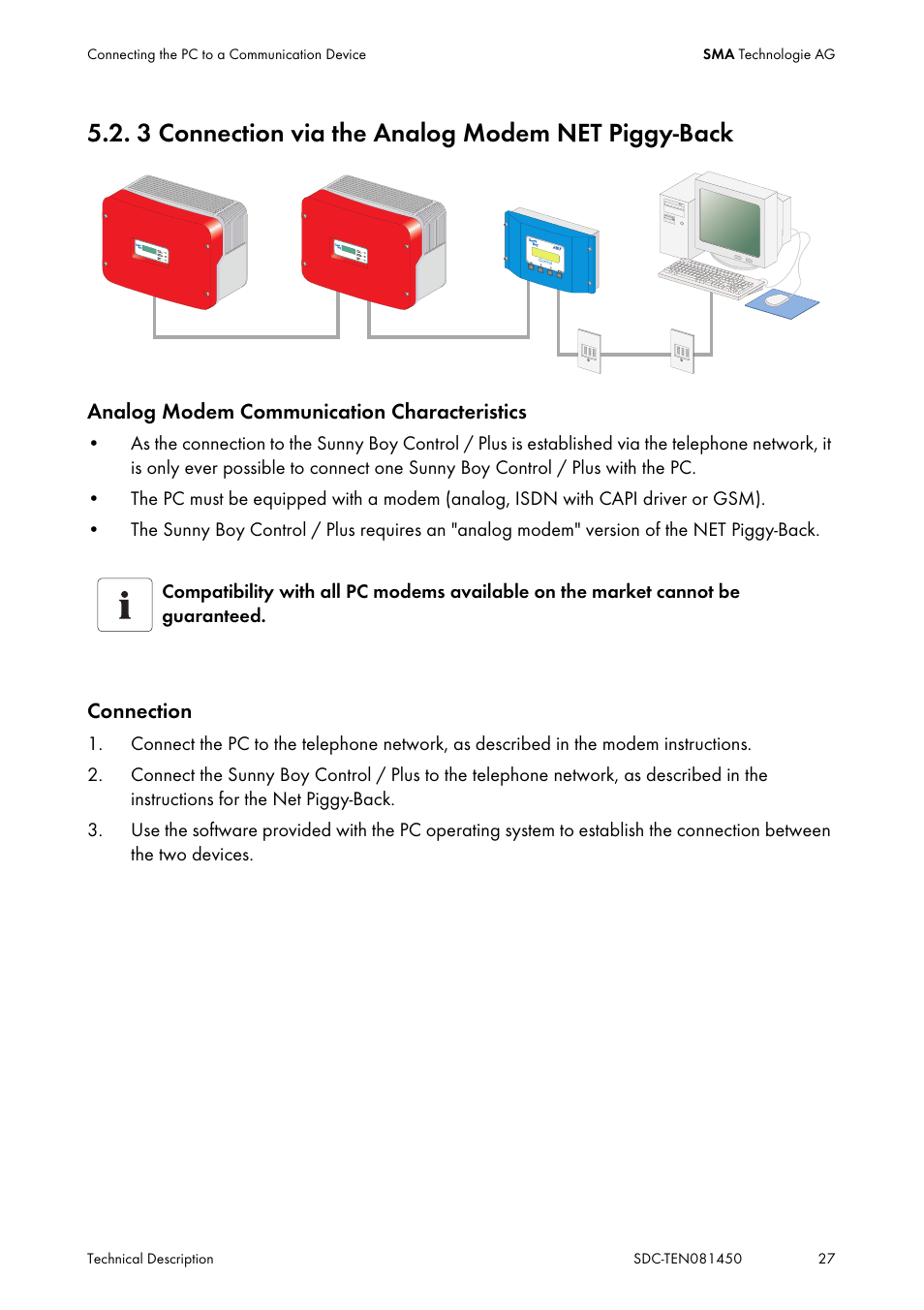 3 connection via the analog modem net piggy-back, Connection via the analog modem net piggy-back | SMA Sunny Data Control V.5.0 User Manual | Page 25 / 156