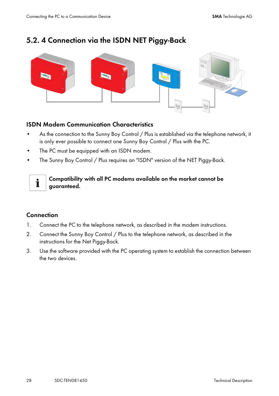 4 connection via the isdn net piggy-back, Connection via the isdn net piggy-back | SMA Sunny Data Control V.5.0 User Manual | Page 26 / 156