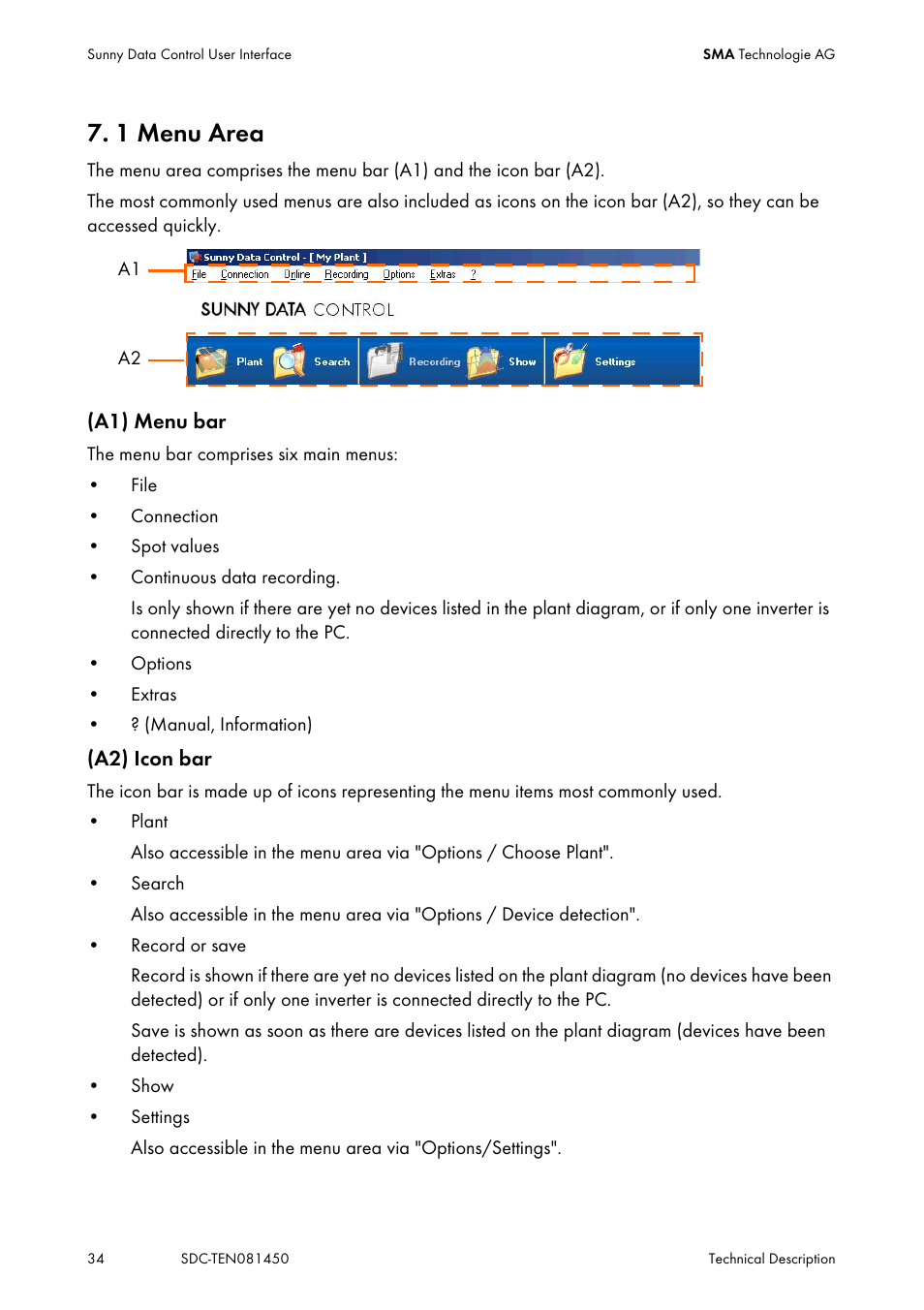 1 menu area, Menu area | SMA Sunny Data Control V.5.0 User Manual | Page 32 / 156