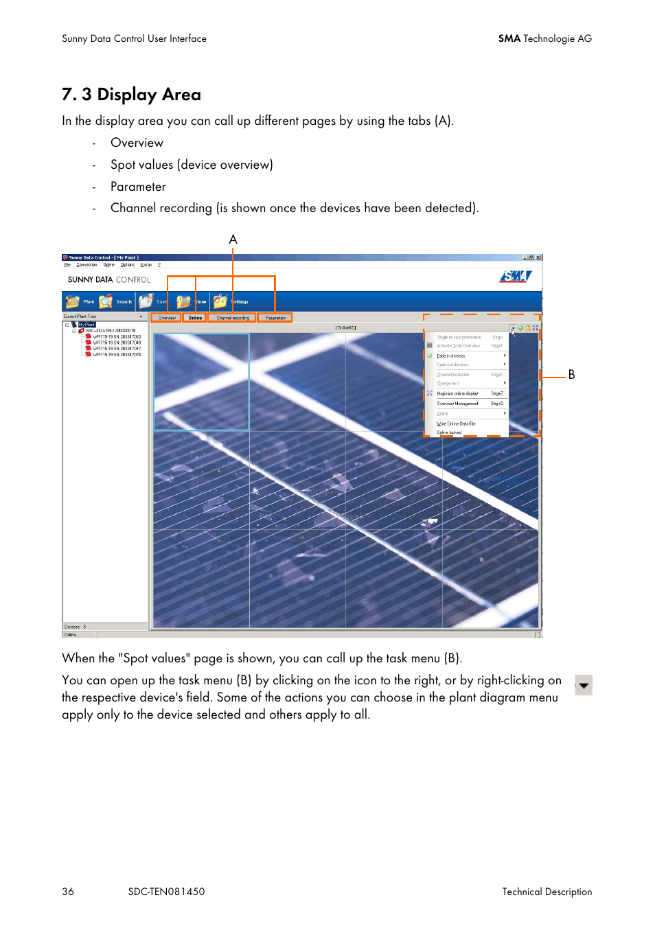 3 display area, Display area | SMA Sunny Data Control V.5.0 User Manual | Page 34 / 156