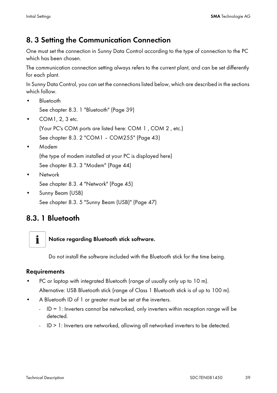 3 setting the communication connection, 1 bluetooth, Setting the communication connection | Bluetooth | SMA Sunny Data Control V.5.0 User Manual | Page 37 / 156