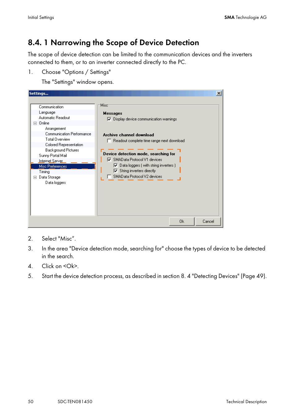 1 narrowing the scope of device detection, Narrowing the scope of device detection | SMA Sunny Data Control V.5.0 User Manual | Page 48 / 156
