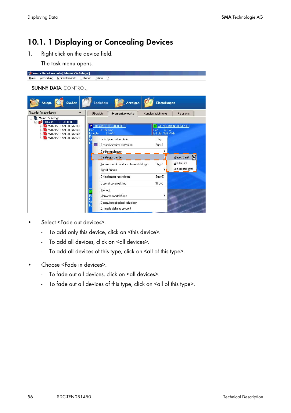 1 displaying or concealing devices, Displaying or concealing devices | SMA Sunny Data Control V.5.0 User Manual | Page 54 / 156