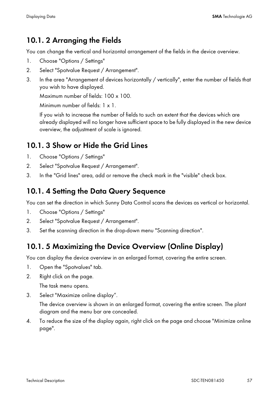 2 arranging the fields, 3 show or hide the grid lines, 4 setting the data query sequence | 5 maximizing the device overview (online display), Arranging the fields, Show or hide the grid lines, Setting the data query sequence, Maximizing the device overview (online display) | SMA Sunny Data Control V.5.0 User Manual | Page 55 / 156