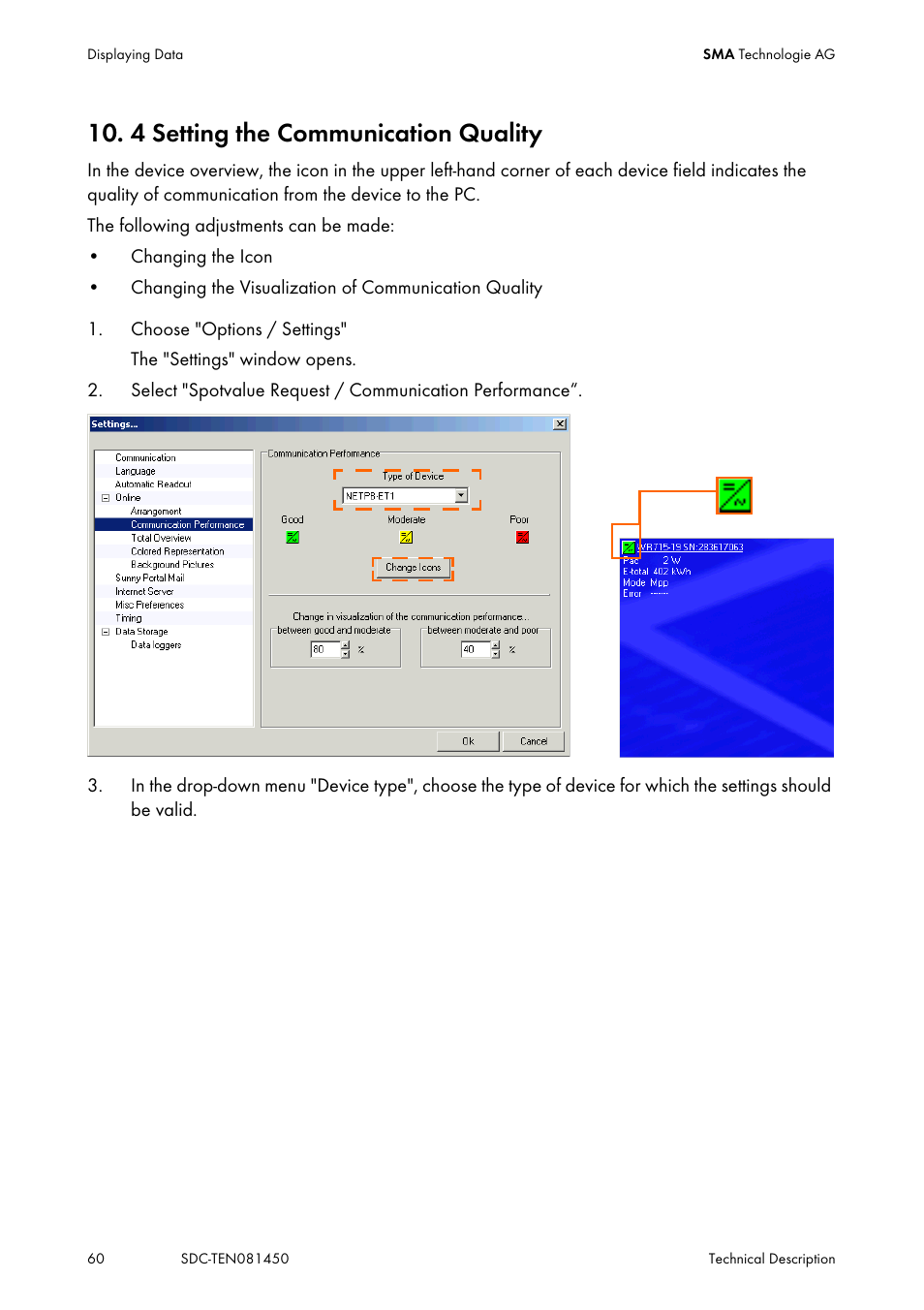 4 setting the communication quality, Setting the communication quality | SMA Sunny Data Control V.5.0 User Manual | Page 58 / 156