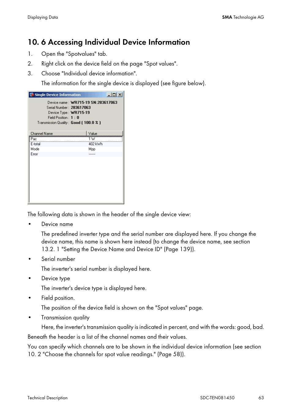 6 accessing individual device information, Accessing individual device information | SMA Sunny Data Control V.5.0 User Manual | Page 61 / 156