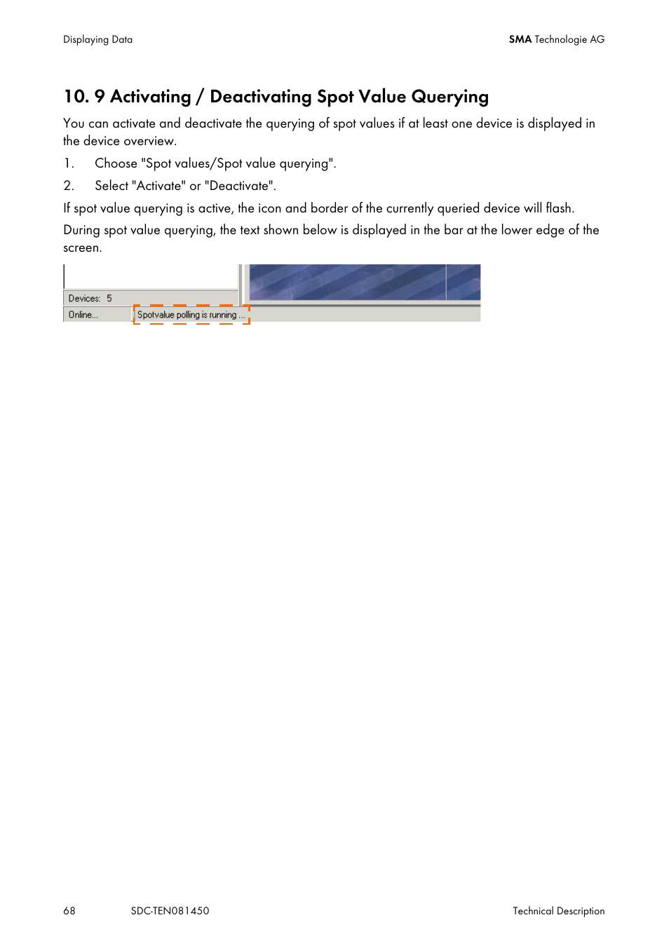 9 activating / deactivating spot value querying, Activating / deactivating spot value querying | SMA Sunny Data Control V.5.0 User Manual | Page 66 / 156