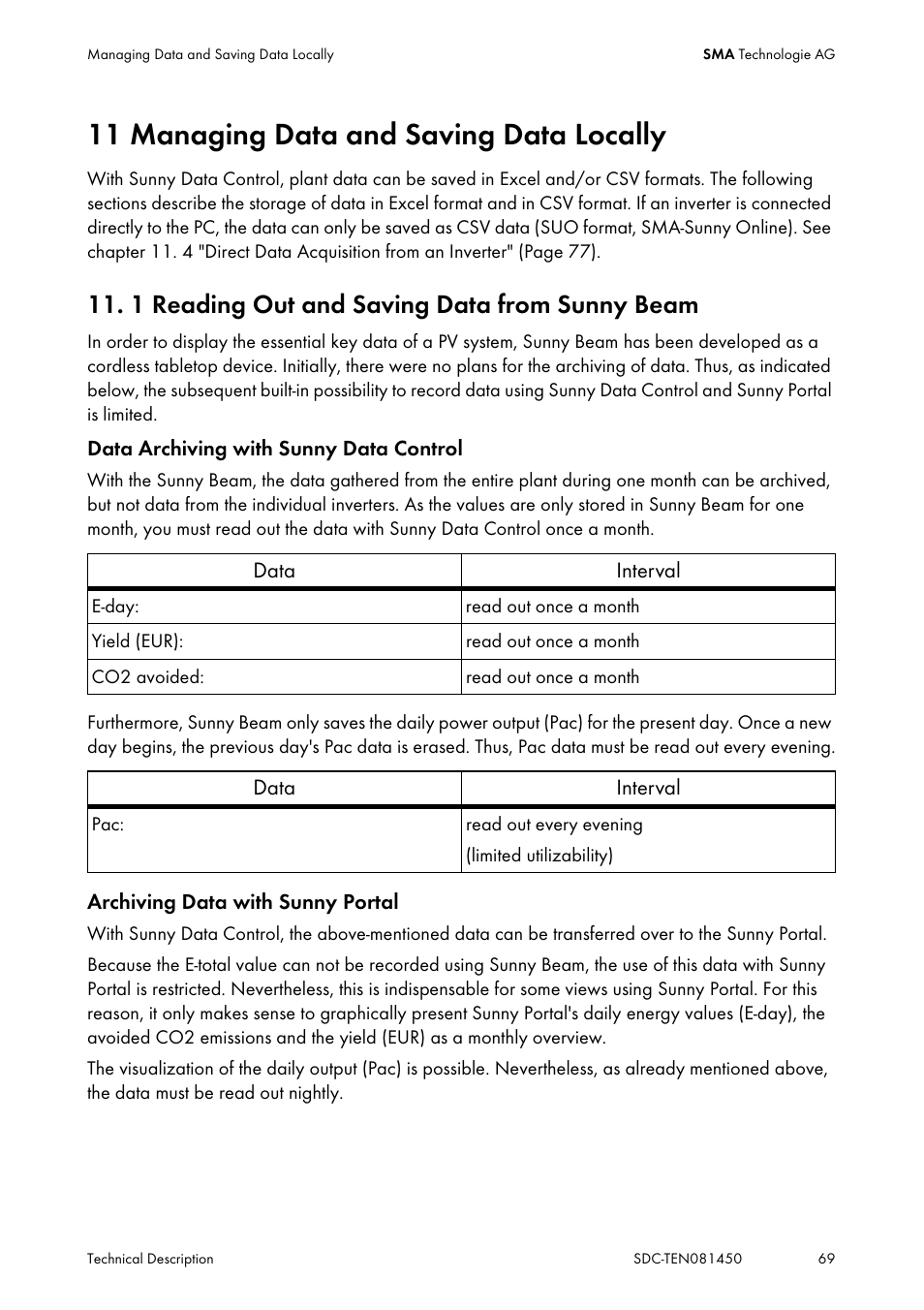 11 managing data and saving data locally, 1 reading out and saving data from sunny beam, Managing data and saving data locally | Reading out and saving data from sunny beam | SMA Sunny Data Control V.5.0 User Manual | Page 67 / 156
