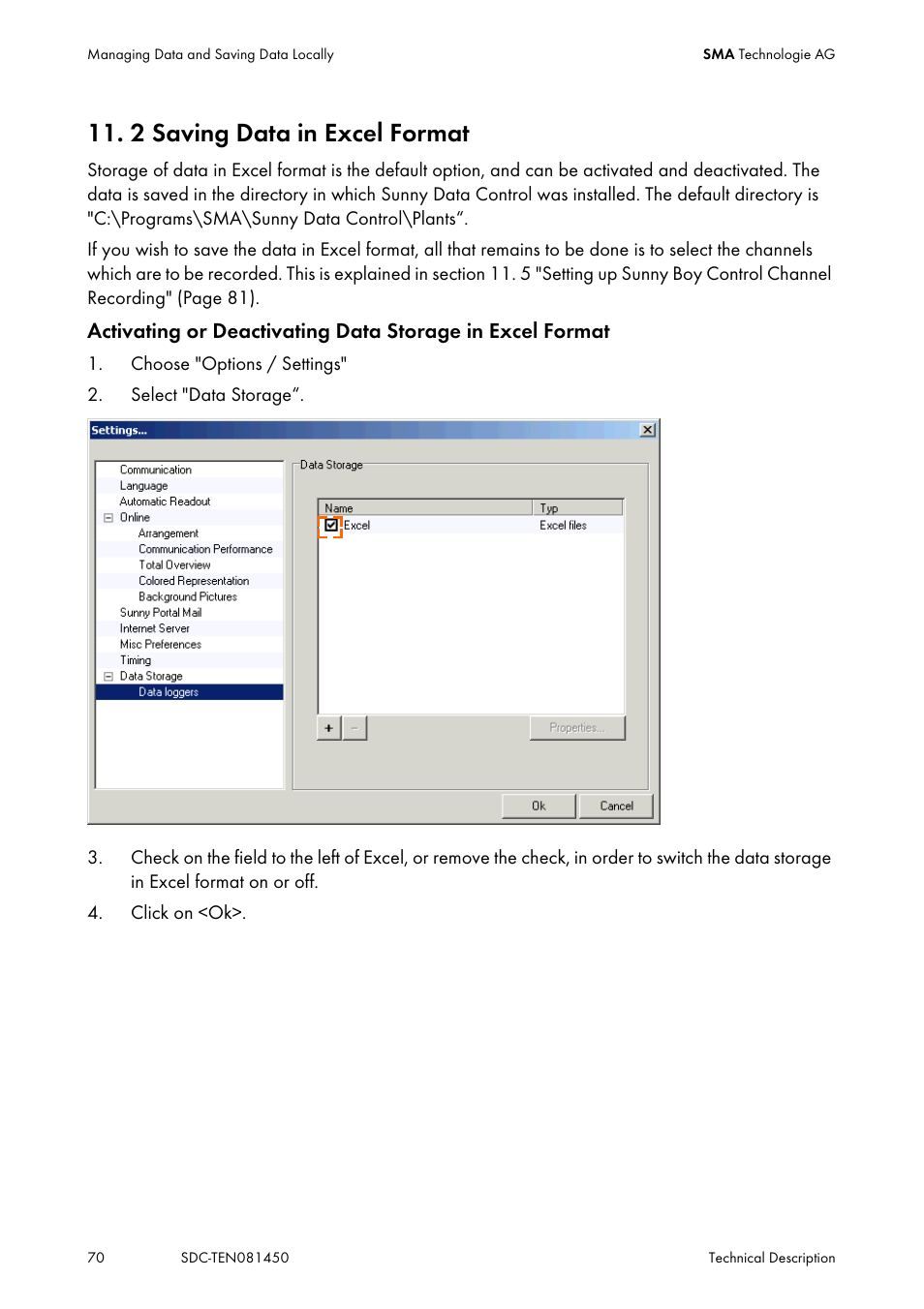 2 saving data in excel format, Saving data in excel format | SMA Sunny Data Control V.5.0 User Manual | Page 68 / 156
