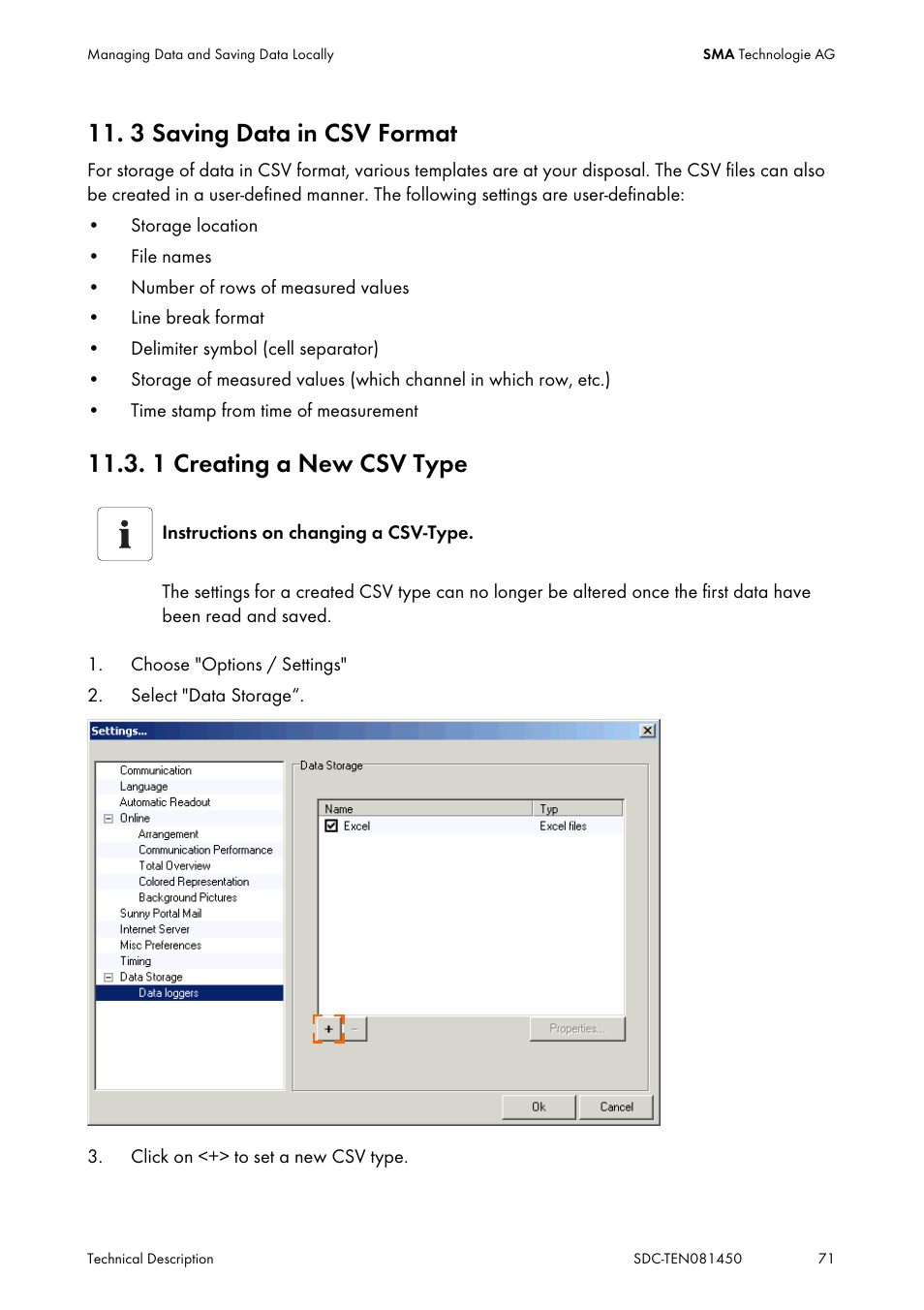 3 saving data in csv format, 1 creating a new csv type, Saving data in csv format | Creating a new csv type | SMA Sunny Data Control V.5.0 User Manual | Page 69 / 156