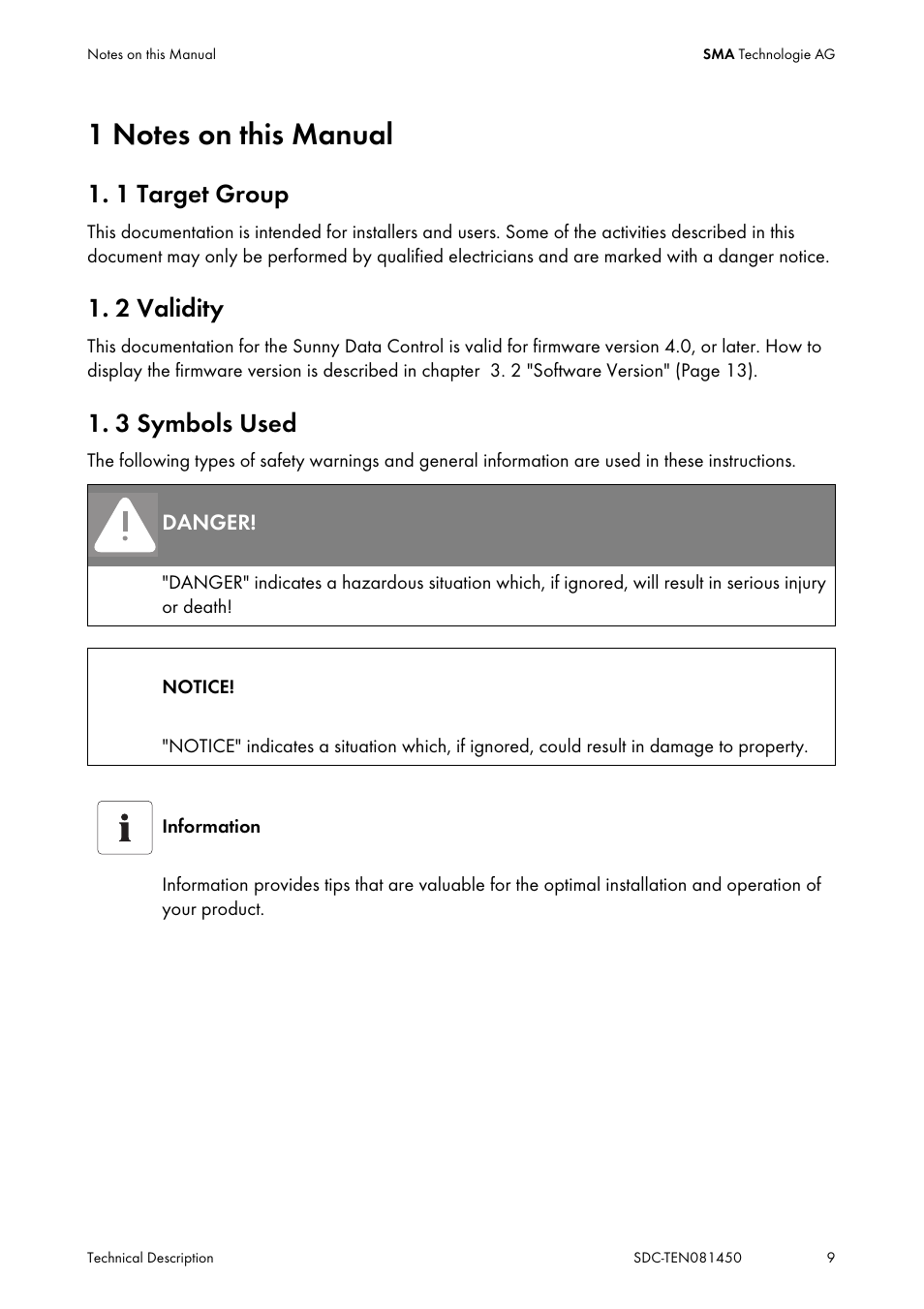 1 notes on this manual, 1 target group, 2 validity | 3 symbols used, Notes on this manual, Target group, Validity, Symbols used | SMA Sunny Data Control V.5.0 User Manual | Page 7 / 156