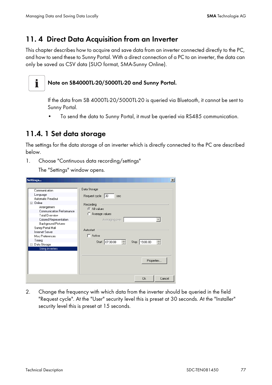 4 direct data acquisition from an inverter, 1 set data storage, Direct data acquisition from an inverter | Set data storage | SMA Sunny Data Control V.5.0 User Manual | Page 75 / 156