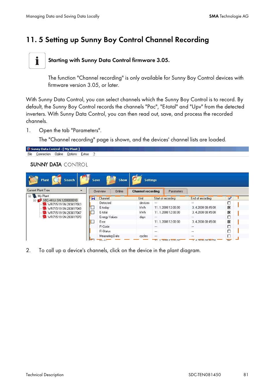 5 setting up sunny boy control channel recording, Setting up sunny boy control channel recording | SMA Sunny Data Control V.5.0 User Manual | Page 79 / 156