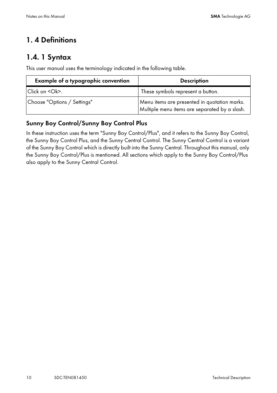 4 definitions, 1 syntax, Definitions | Syntax, 4 definitions 1.4. 1 syntax | SMA Sunny Data Control V.5.0 User Manual | Page 8 / 156