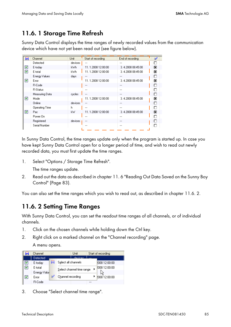 1 storage time refresh, 2 setting time ranges, Storage time refresh | Setting time ranges | SMA Sunny Data Control V.5.0 User Manual | Page 83 / 156