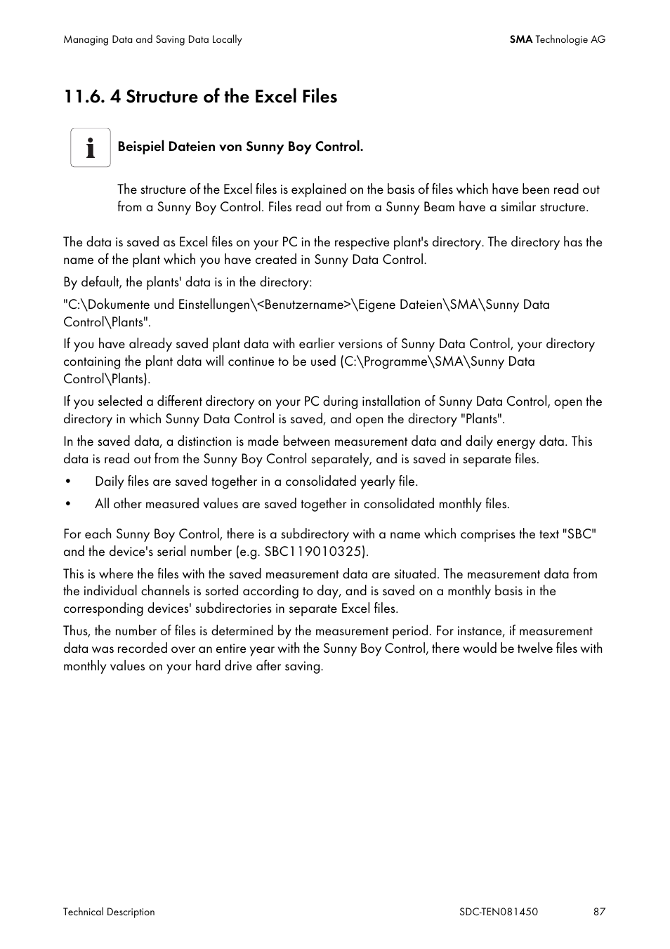4 structure of the excel files, Structure of the excel files | SMA Sunny Data Control V.5.0 User Manual | Page 85 / 156