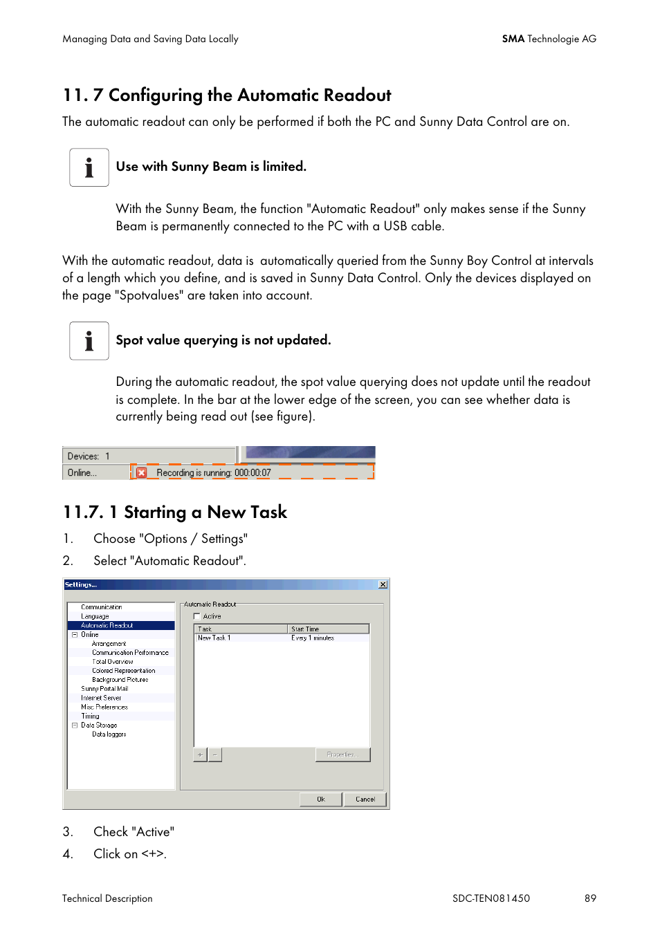7 configuring the automatic readout, 1 starting a new task, Configuring the automatic readout | Starting a new task | SMA Sunny Data Control V.5.0 User Manual | Page 87 / 156