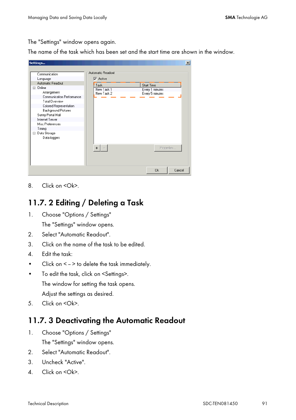 2 editing / deleting a task, 3 deactivating the automatic readout, Editing / deleting a task | Deactivating the automatic readout | SMA Sunny Data Control V.5.0 User Manual | Page 89 / 156