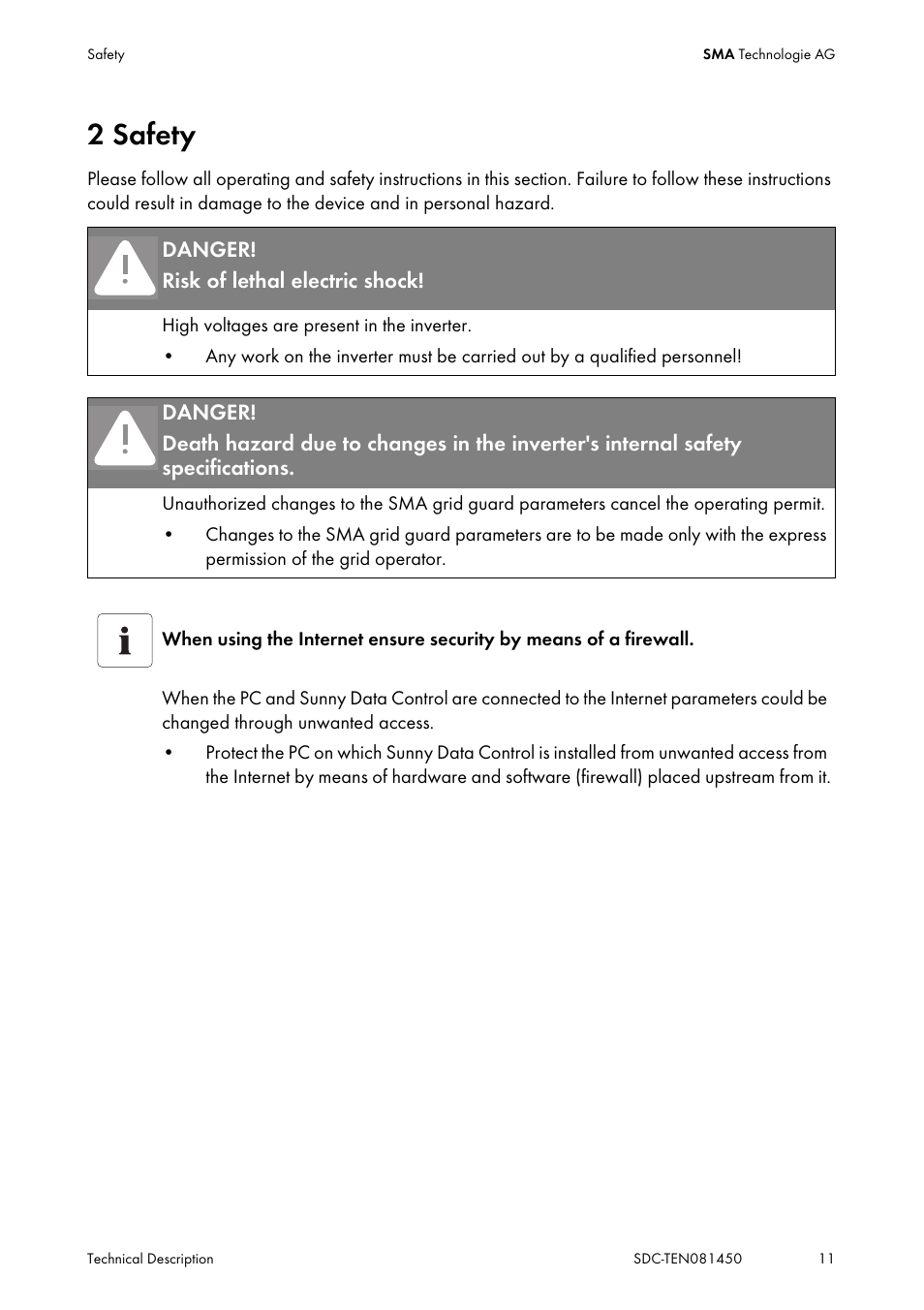 2 safety, Safety | SMA Sunny Data Control V.5.0 User Manual | Page 9 / 156