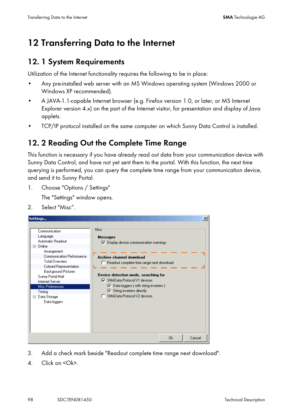 12 transferring data to the internet, 1 system requirements, 2 reading out the complete time range | Transferring data to the internet, System requirements, Reading out the complete time range | SMA Sunny Data Control V.5.0 User Manual | Page 96 / 156