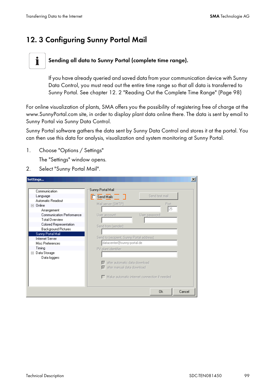 3 configuring sunny portal mail, Configuring sunny portal mail | SMA Sunny Data Control V.5.0 User Manual | Page 97 / 156