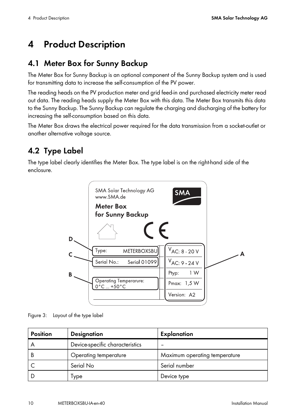 4 product description, 1 meter box for sunny backup, 2 type label | Product description, Meter box for sunny backup, Type label | SMA METER BOX FOR SUNNY BACKUP User Manual | Page 10 / 40