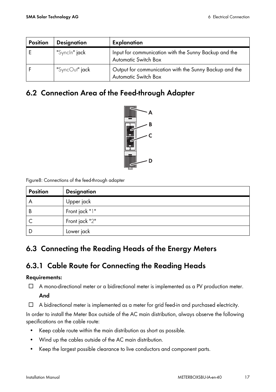 2 connection area of the feed-through adapter, 1 cable route for connecting the reading heads, Connection area of the feed-through adapter | Connecting the reading heads of the energy meters, Cable route for connecting the reading heads | SMA METER BOX FOR SUNNY BACKUP User Manual | Page 17 / 40