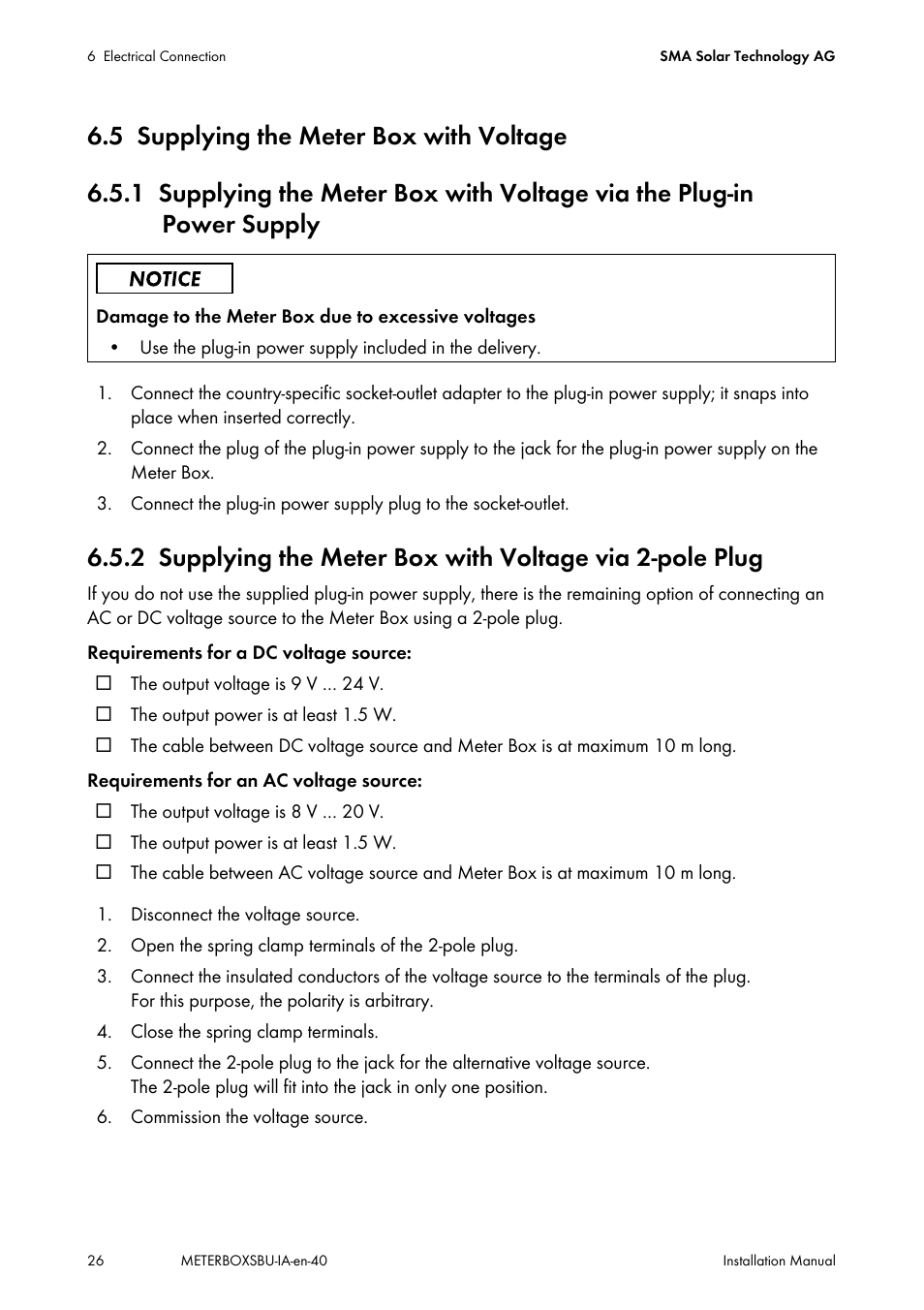 5 supplying the meter box with voltage, Supplying the meter box with voltage | SMA METER BOX FOR SUNNY BACKUP User Manual | Page 26 / 40