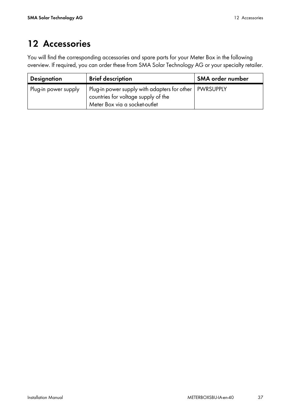 12 accessories, Accessories | SMA METER BOX FOR SUNNY BACKUP User Manual | Page 37 / 40
