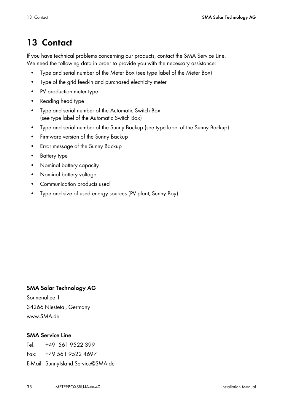 13 contact, Contact | SMA METER BOX FOR SUNNY BACKUP User Manual | Page 38 / 40