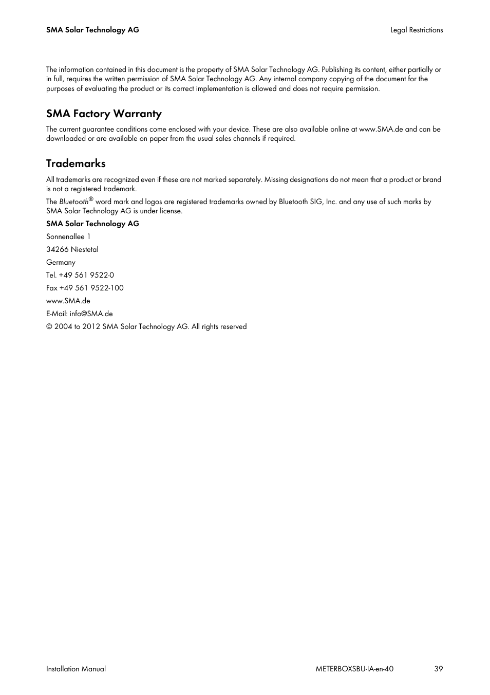 Sma factory warranty, Trademarks | SMA METER BOX FOR SUNNY BACKUP User Manual | Page 39 / 40