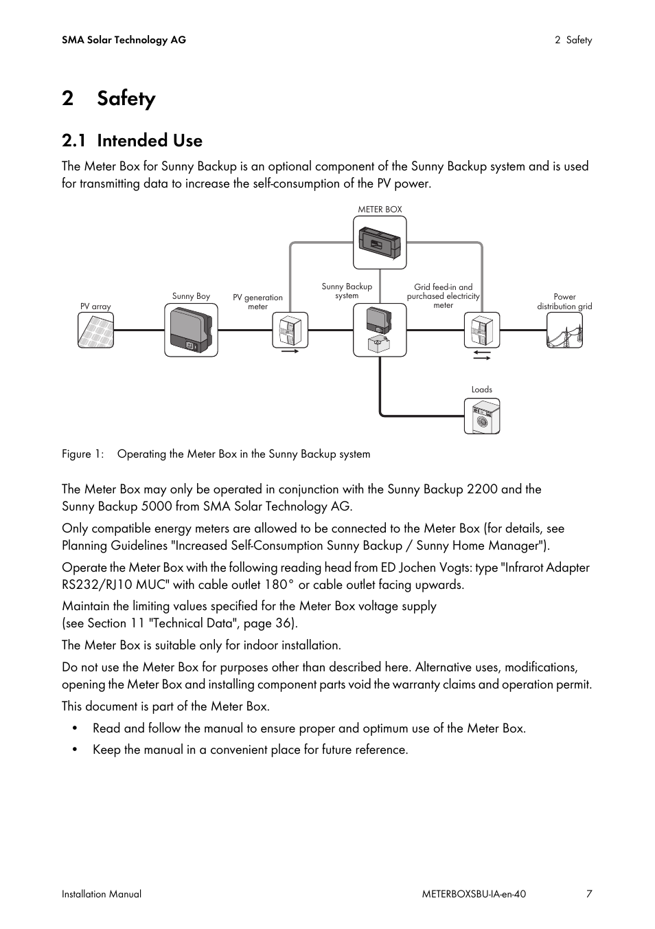 2 safety, 1 intended use, Safety | Intended use | SMA METER BOX FOR SUNNY BACKUP User Manual | Page 7 / 40